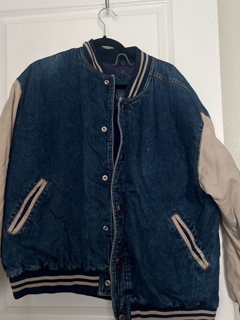 Basic Editions Blue Denim Bomber Jacket with Cream Sleeves